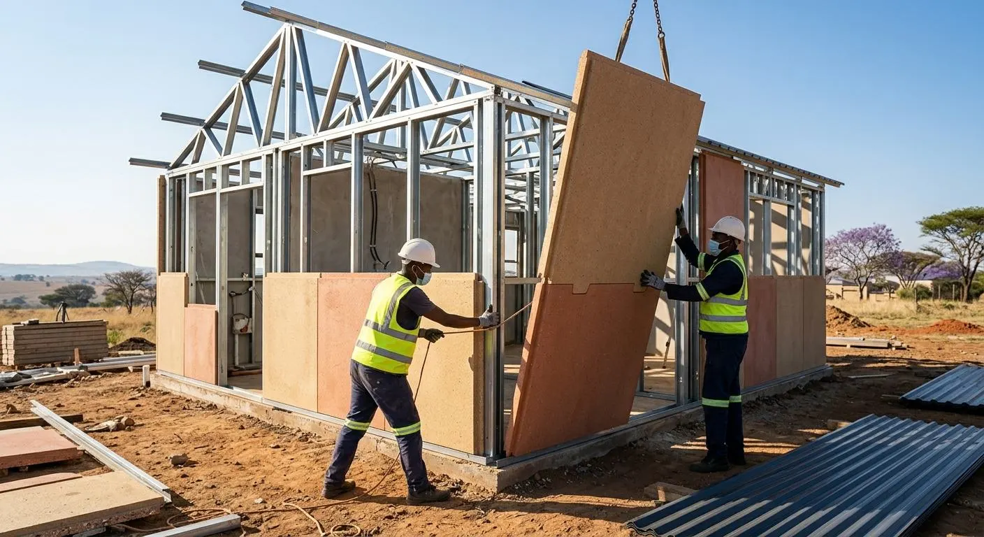Concept render of two workers lifting a wall panel onto a steel frame