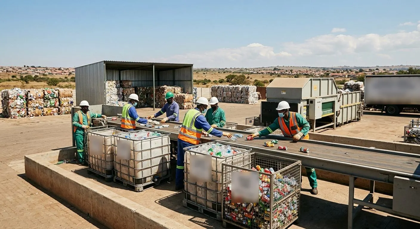 Concept render of workers sorting plastics and cans at a recycling yard
